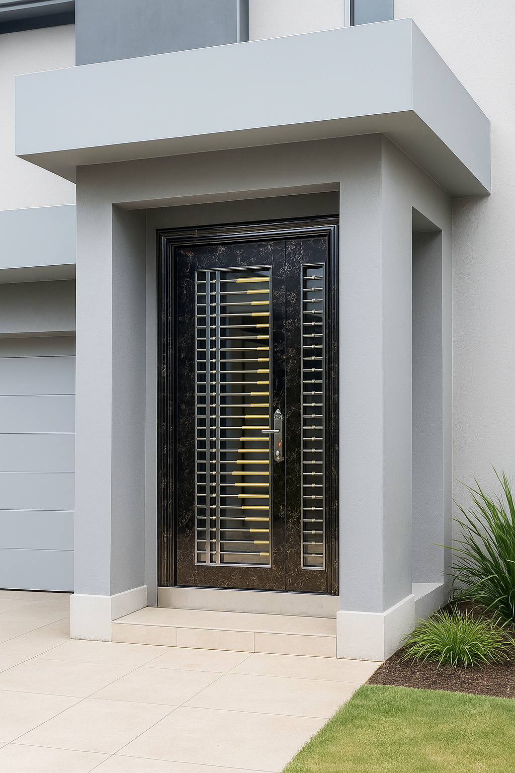 Steel Security door - 121 Stainless Steel Marble Vein Finish with Toughened Glass