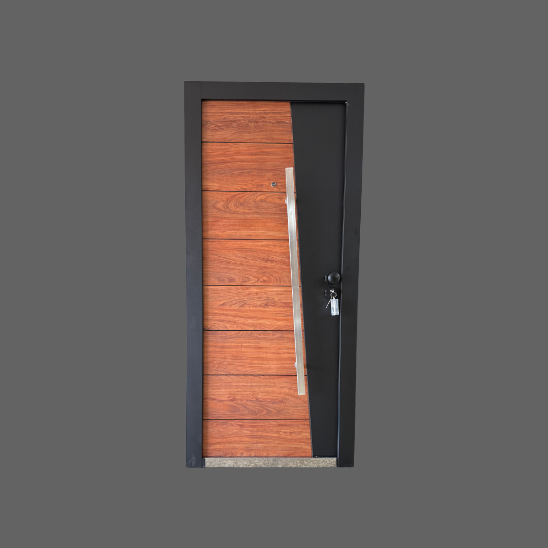T-03 Wood/Black Steel Security Door- Modern Design | Premium Handle and Multi-Locking