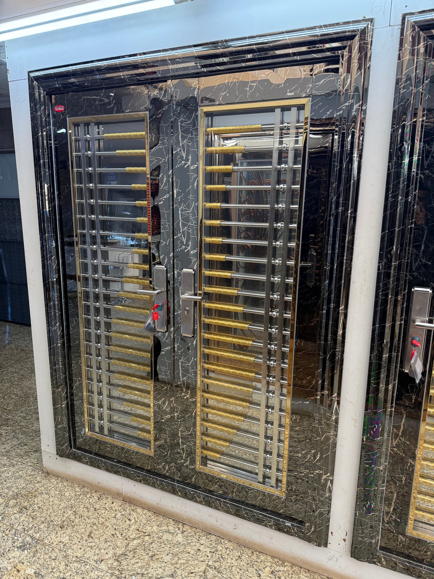 Steel Security door - 121 Stainless Steel Marble Vein Finish with Toughened Glass