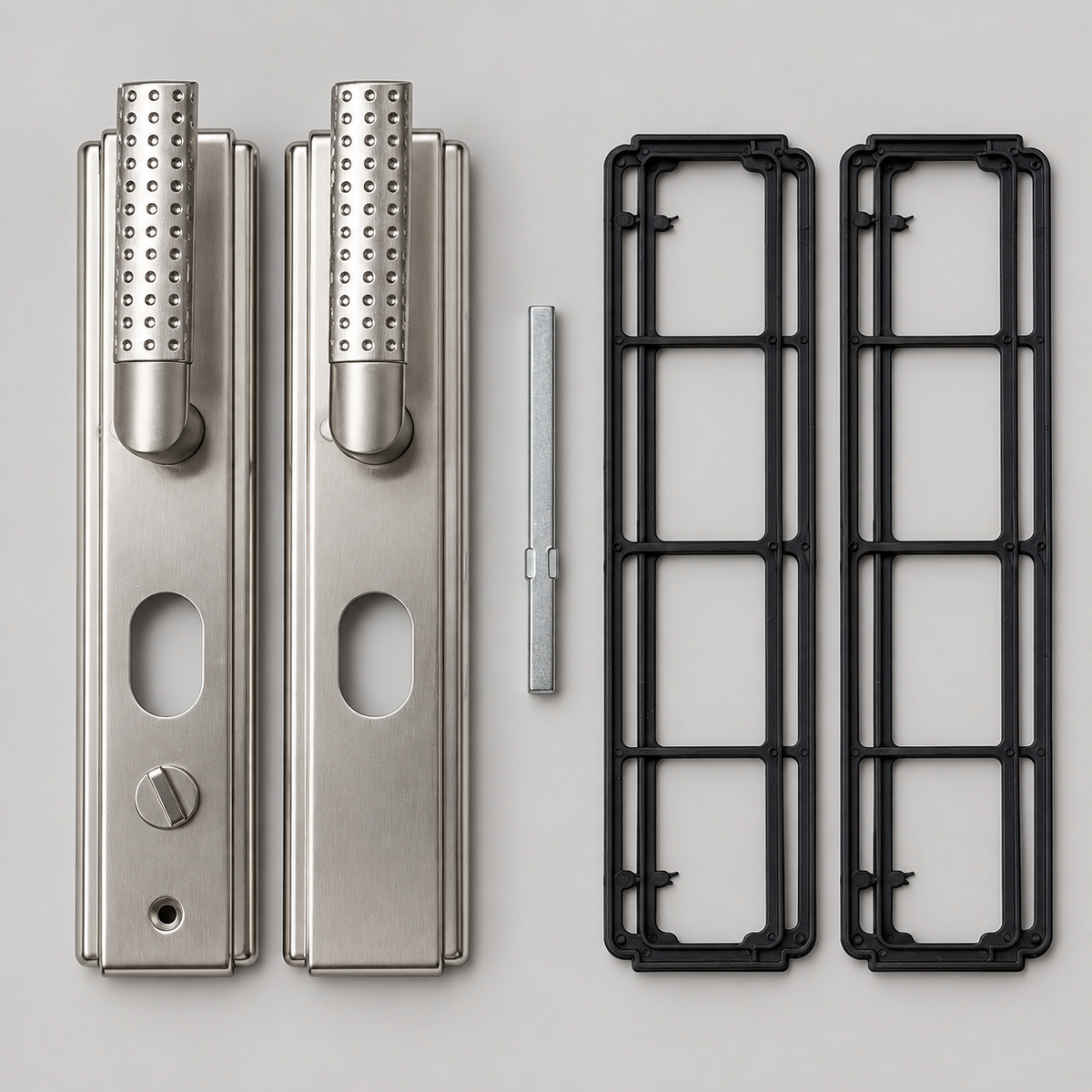 Silver security door handle set with spindle and two backing gaskets