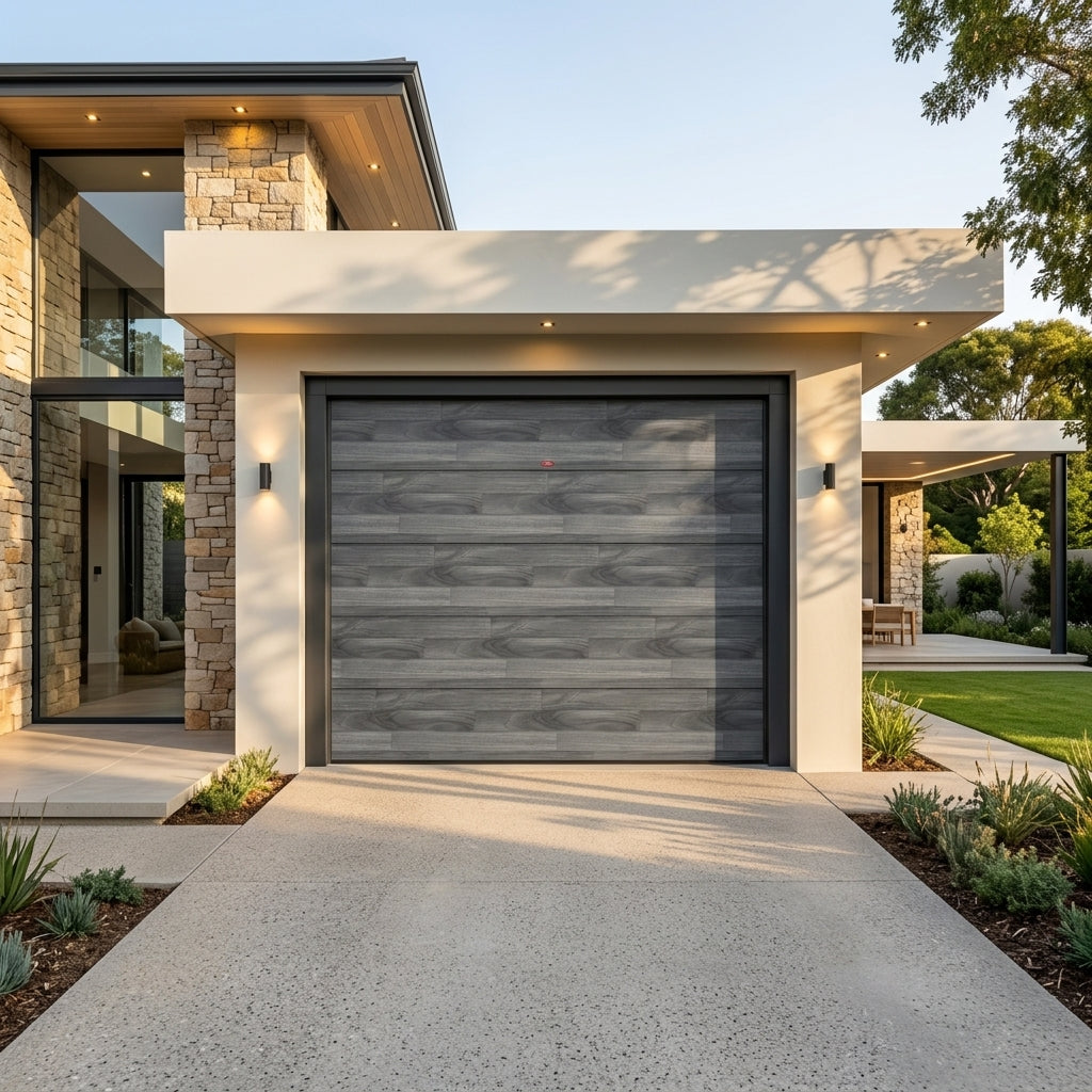 A modern single-car garage door with a dark gray wood-look horizontal plank design, installed on a contemporary beige stucco house with stone columns and a concrete driveway.