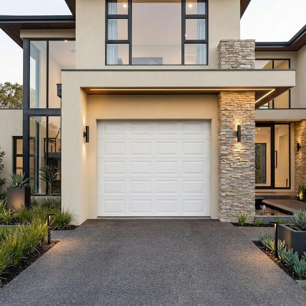 A modern white single-car garage door installed on the front of a contemporary beige house with stone columns, large windows, and a paved driveway.
