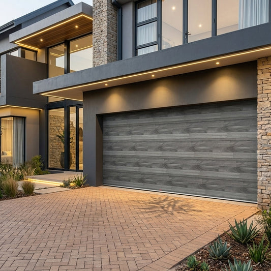 A modern two-story house exterior with a large dark gray wood-look garage door, stone walls, warm under-cabinet lighting, and a paved brick driveway.