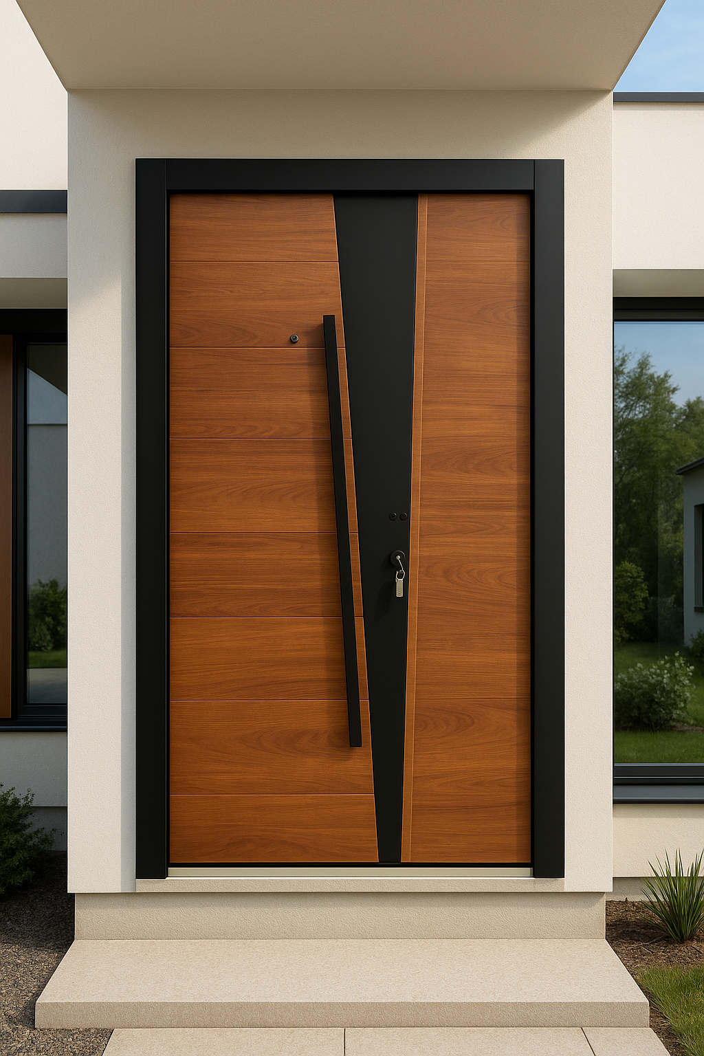 T-03 Wood/Black Steel Security Door- Modern Design | Premium Handle and Multi-Locking