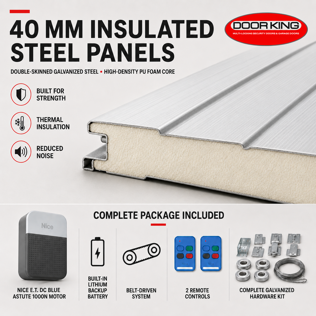 Door King 40 mm insulated steel panels shown in a close-up profile view on a white background, with product features and included accessories displayed below. The panels have a brushed silver exterior and a cream-colored foam core.