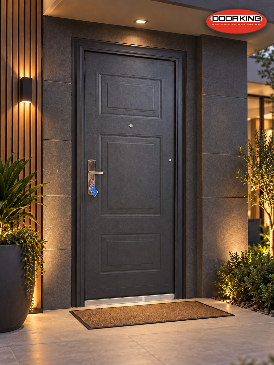 323 Entry+ black security door shown in a modern covered entrance visualisation