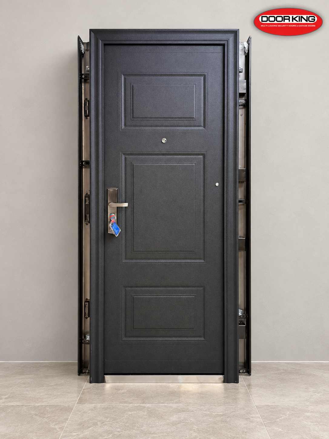 323 Entry+ black cold-rolled steel security door with raised-panel design