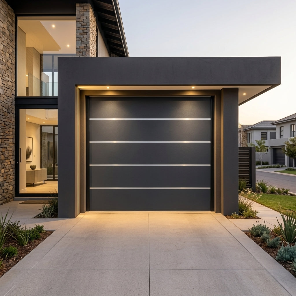 A modern dark charcoal garage door with horizontal metallic accents, set in a contemporary house entryway with a concrete driveway and landscaped garden beds.