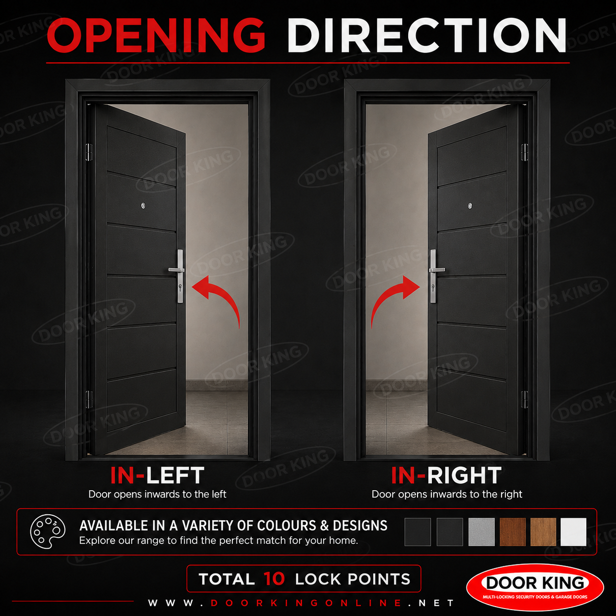 An informational graphic showing two black metal doors with arrows and text explaining opening direction: 'IN-LEFT' opens inward to the left and 'IN-RIGHT' opens inward to the right. The image includes Door King branding and a row of available color swatches at the bottom.