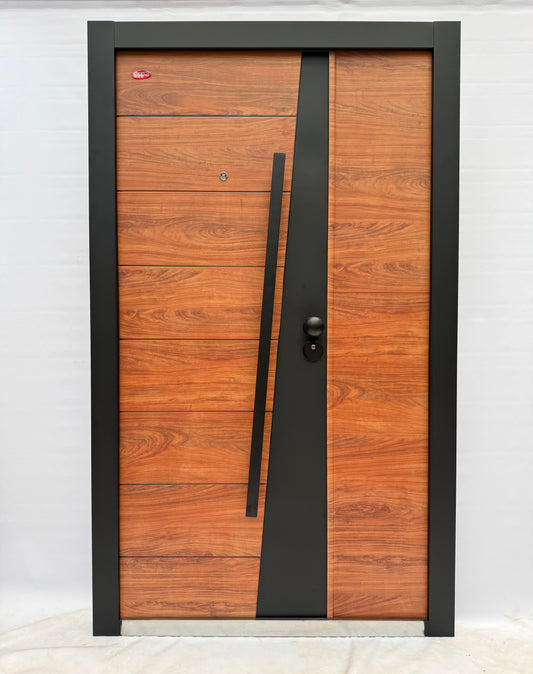 T-03 Wood/Black Steel Security Door- Modern Design | Premium Handle and Multi-Locking