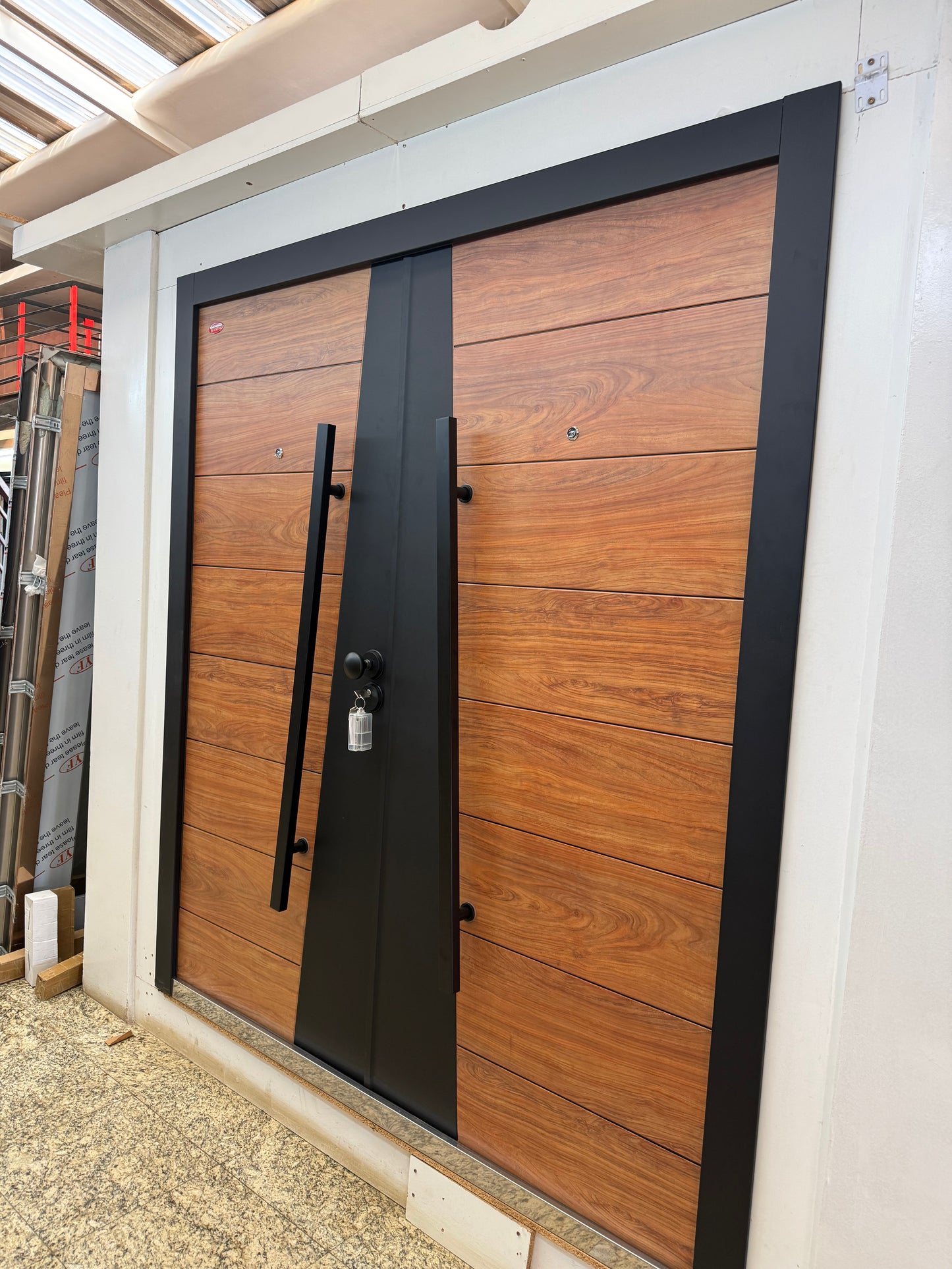 T-03 Wood/Black Steel Security Door- Modern Design | Premium Handle and Multi-Locking