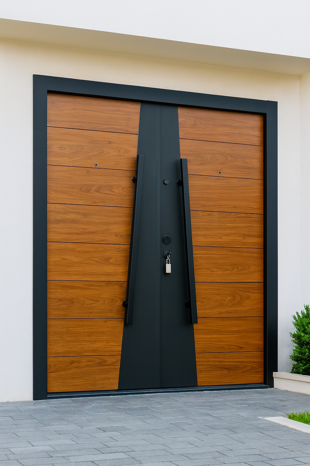 Modern wooden door with black frame on a white wall
