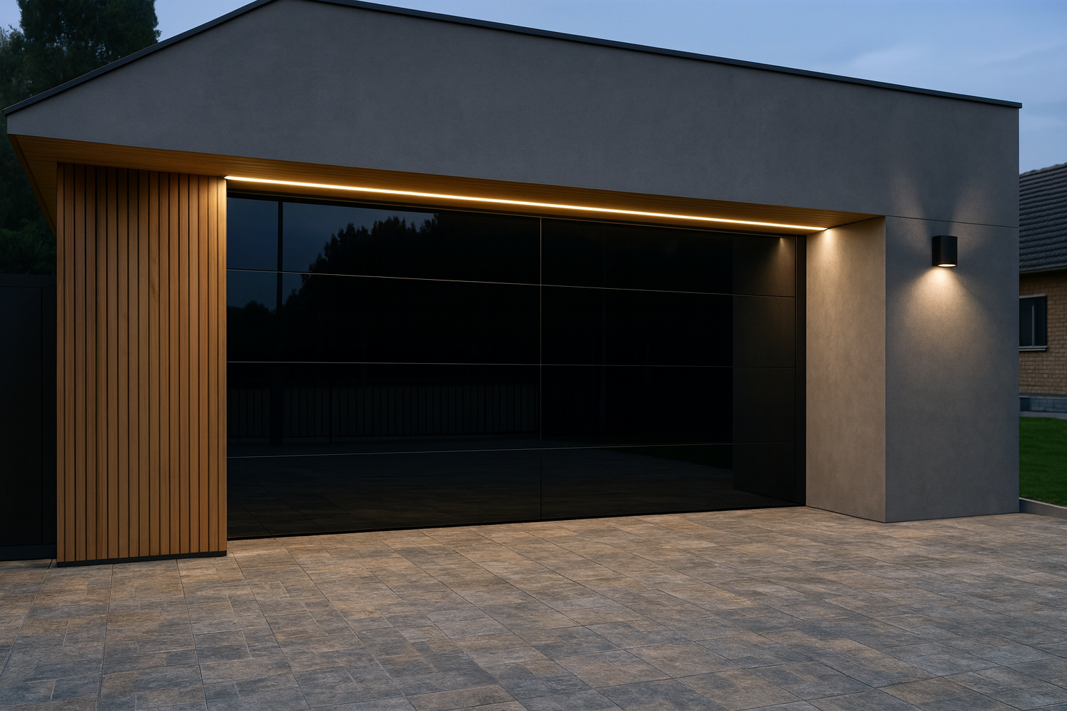 Modern garage with a dark door at dusk