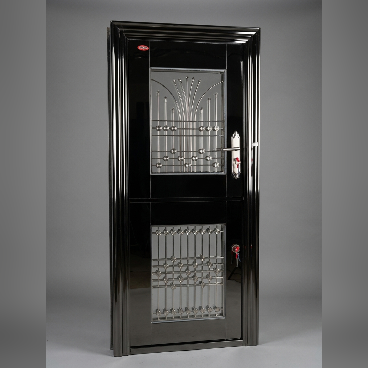 A016 black stainless-steel stable security door with polished silver decorative panels