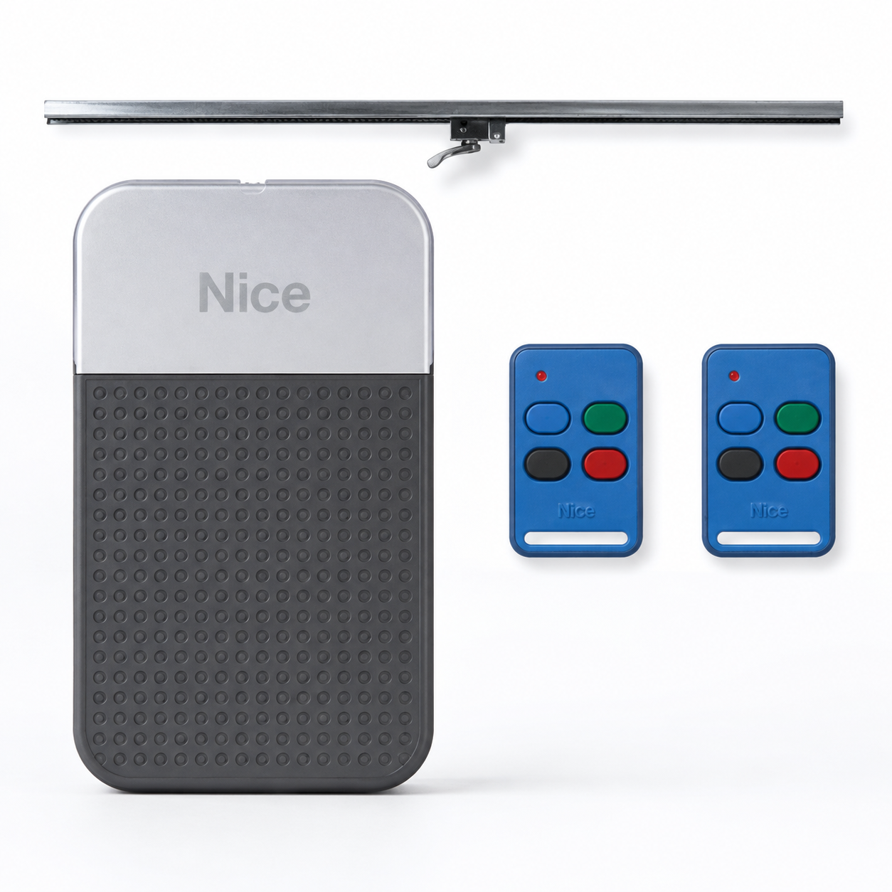 Nice branded Garage Door opener pictured alongside two remotes and the belt rail.