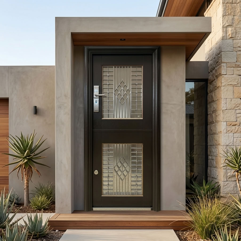 B023 golden brown stable security door shown at a modern home entrance