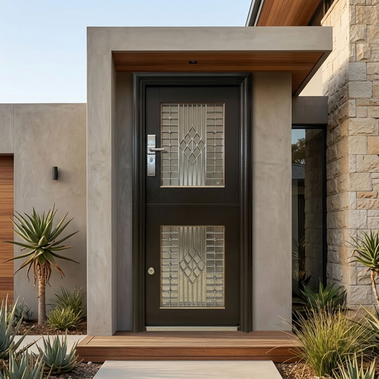 B023 golden brown stable security door shown at a modern home entrance