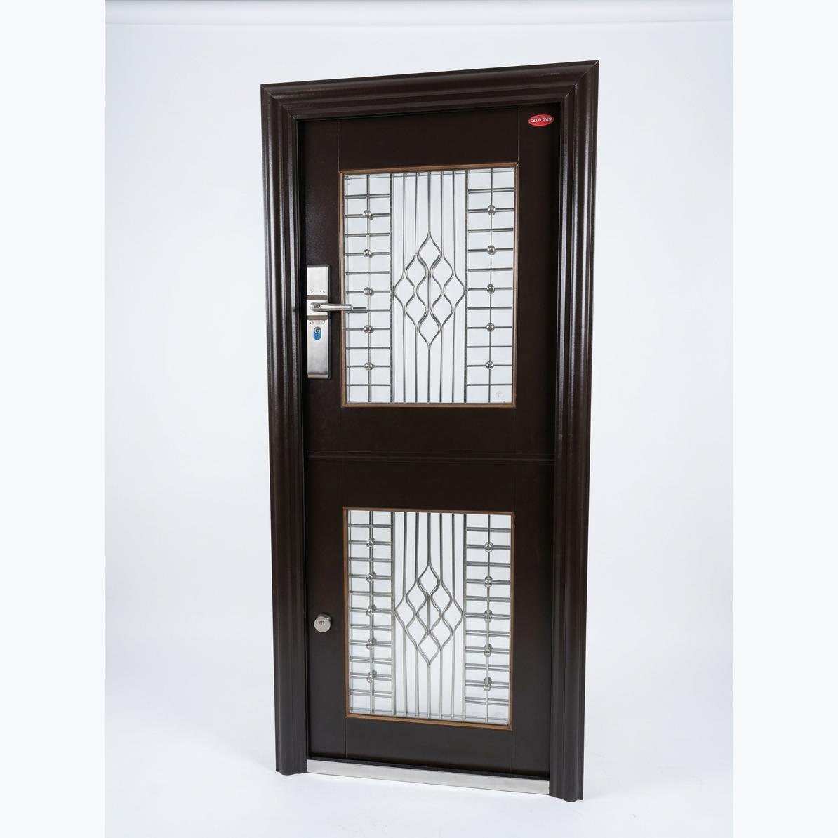 B023 golden brown stable steel security door with upper and lower decorative panels