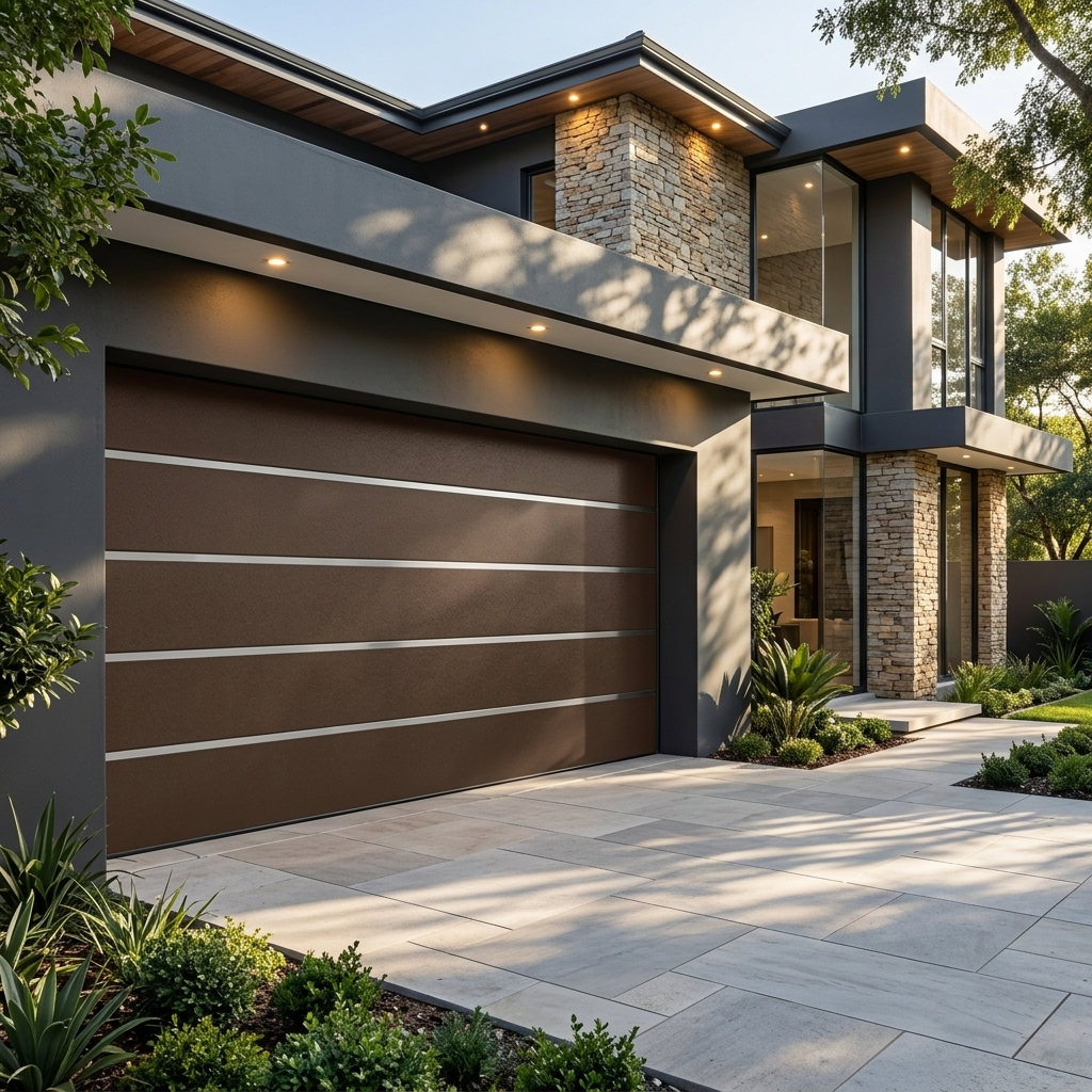 A modern brown garage door with horizontal metallic accent stripes, set on a contemporary house with stone and dark gray exterior walls, a paved driveway, and landscaped greenery.