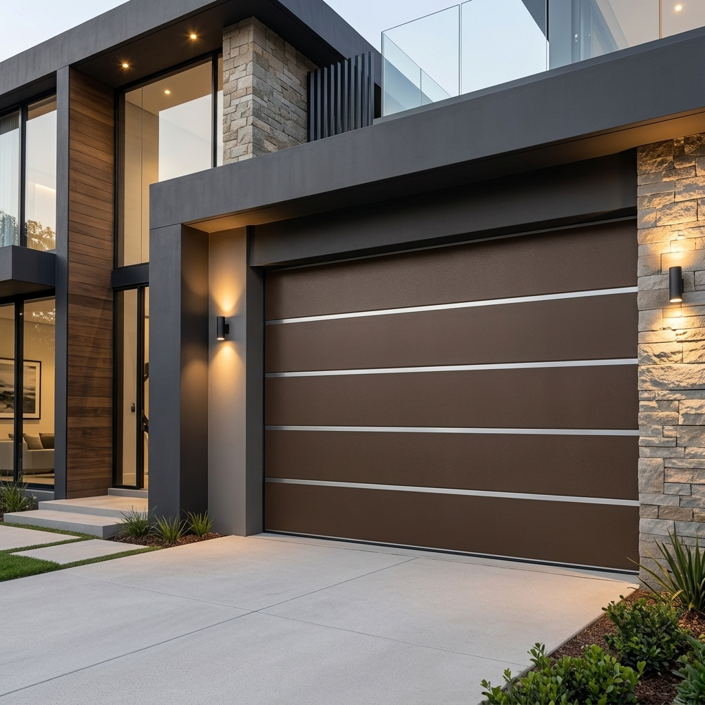 A modern brown garage door with horizontal metallic silver stripes, set in a contemporary house exterior with stone and wood walls, concrete driveway, and wall-mounted lights.