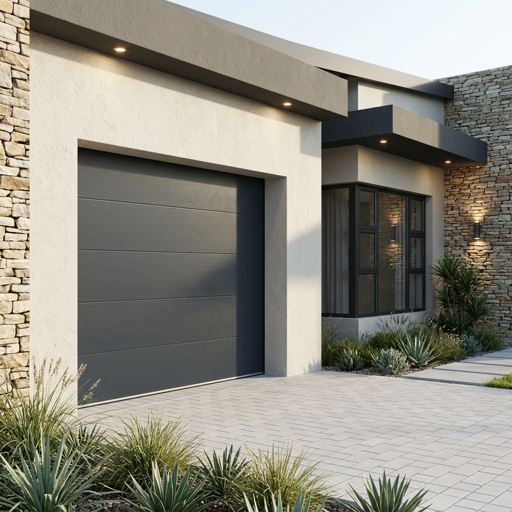 A modern dark gray garage door installed on a house exterior with a stone wall, stucco facade, landscaped plants, and a paved driveway.