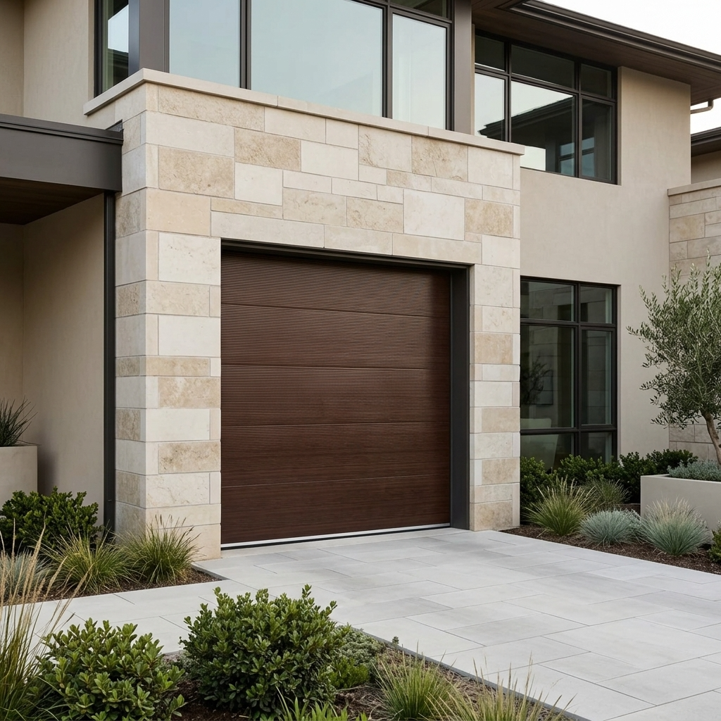 A modern brown wood-look garage door installed in a stone and stucco entryway of a contemporary house, with a light paved driveway and landscaped shrubs in front.
