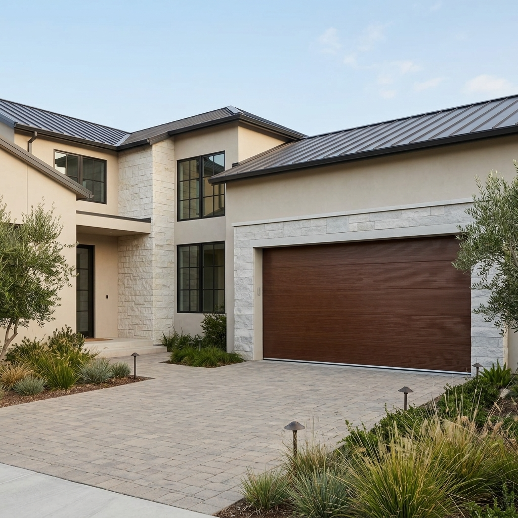 A modern two-story house exterior with a prominent brown wood-look garage door, beige stucco walls, stone veneer accents, a paved driveway, and landscaped greenery under a clear blue sky.
