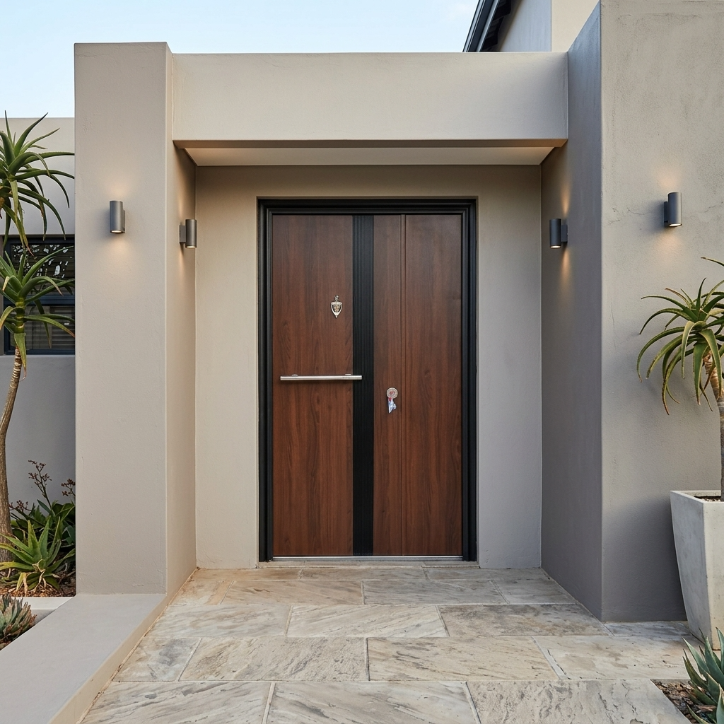 A modern double front door with dark brown wood grain panels and a black frame, set in a contemporary entryway with beige walls, stone tile flooring, and wall-mounted lights.
