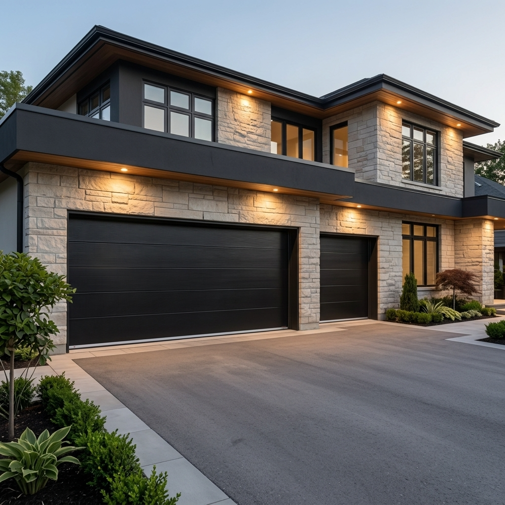 Modern two-car garage doors in black set into a contemporary stone and wood house with a paved driveway and landscaped shrubs.