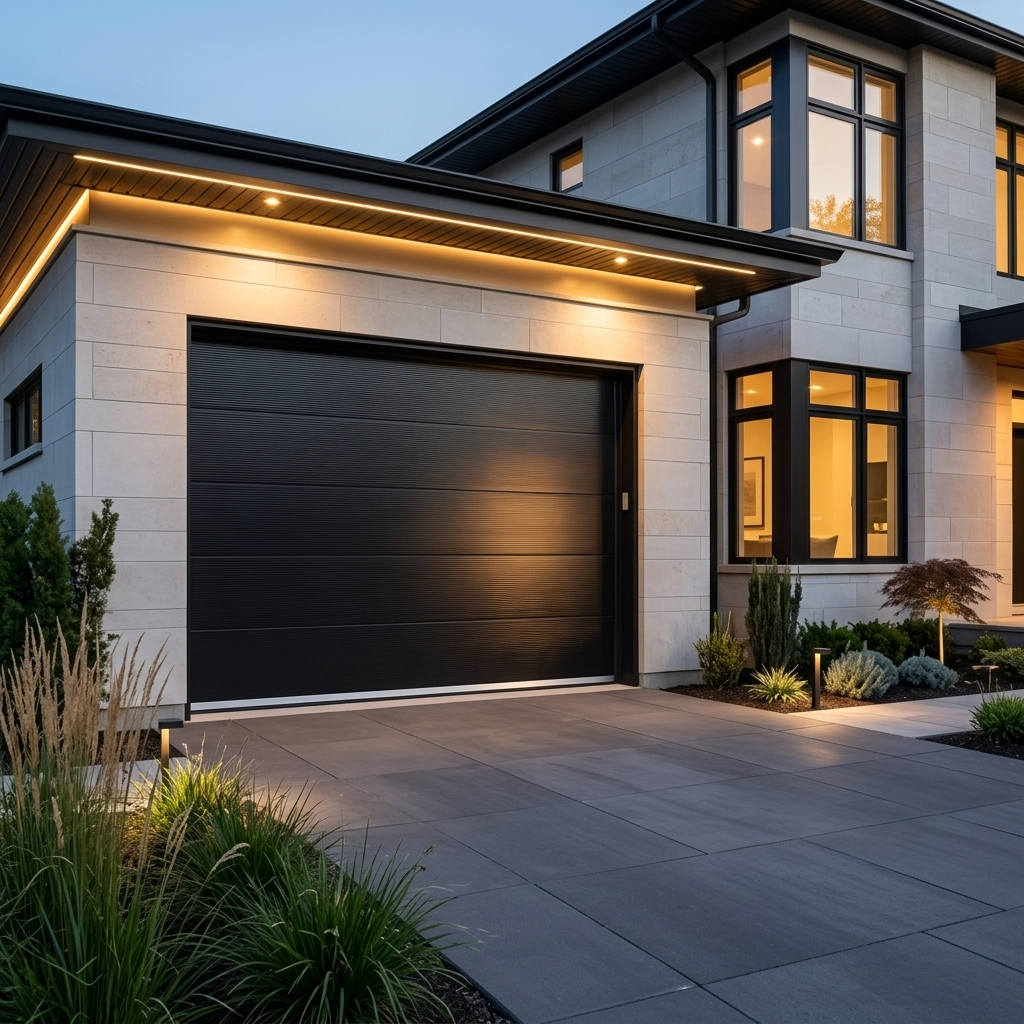 A modern black garage door installed on a light beige stone house exterior, with warm under-cabinet lighting, a paved driveway, and landscaped plants at dusk.