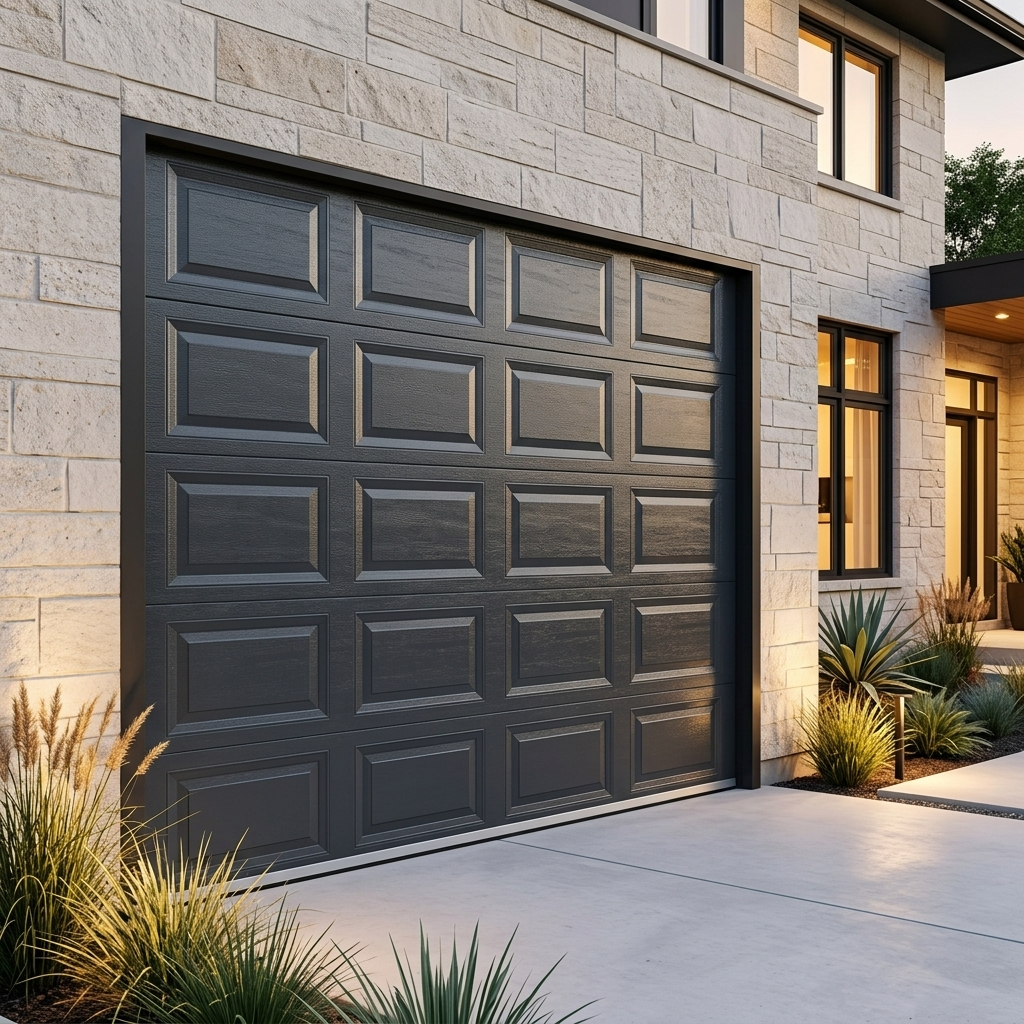 A modern dark charcoal gray garage door with a raised panel design, installed on a light beige stone house exterior next to a concrete driveway.