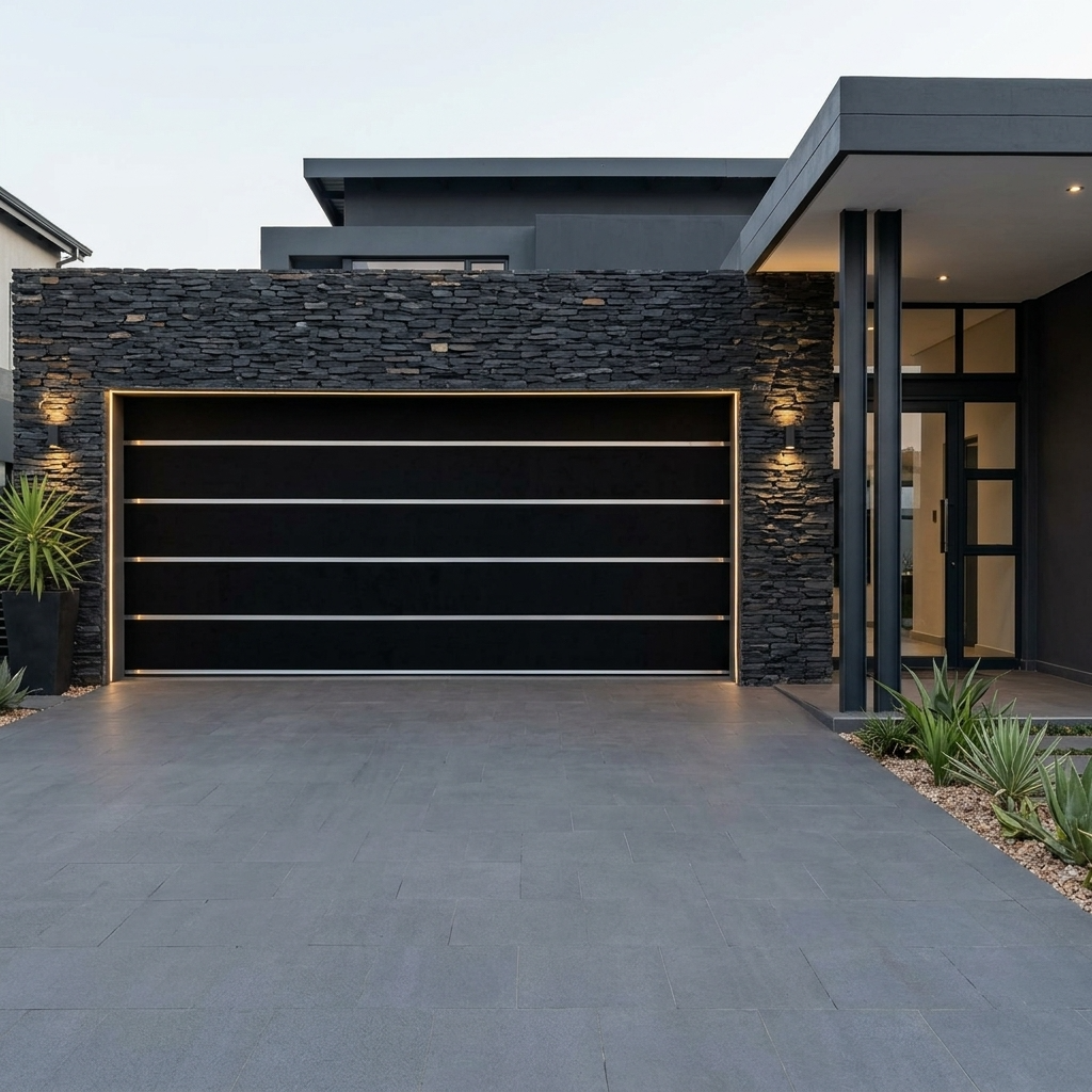 A modern black garage door with three horizontal gold-toned metal bars, set in a dark stone wall on a paved driveway in front of a contemporary house.