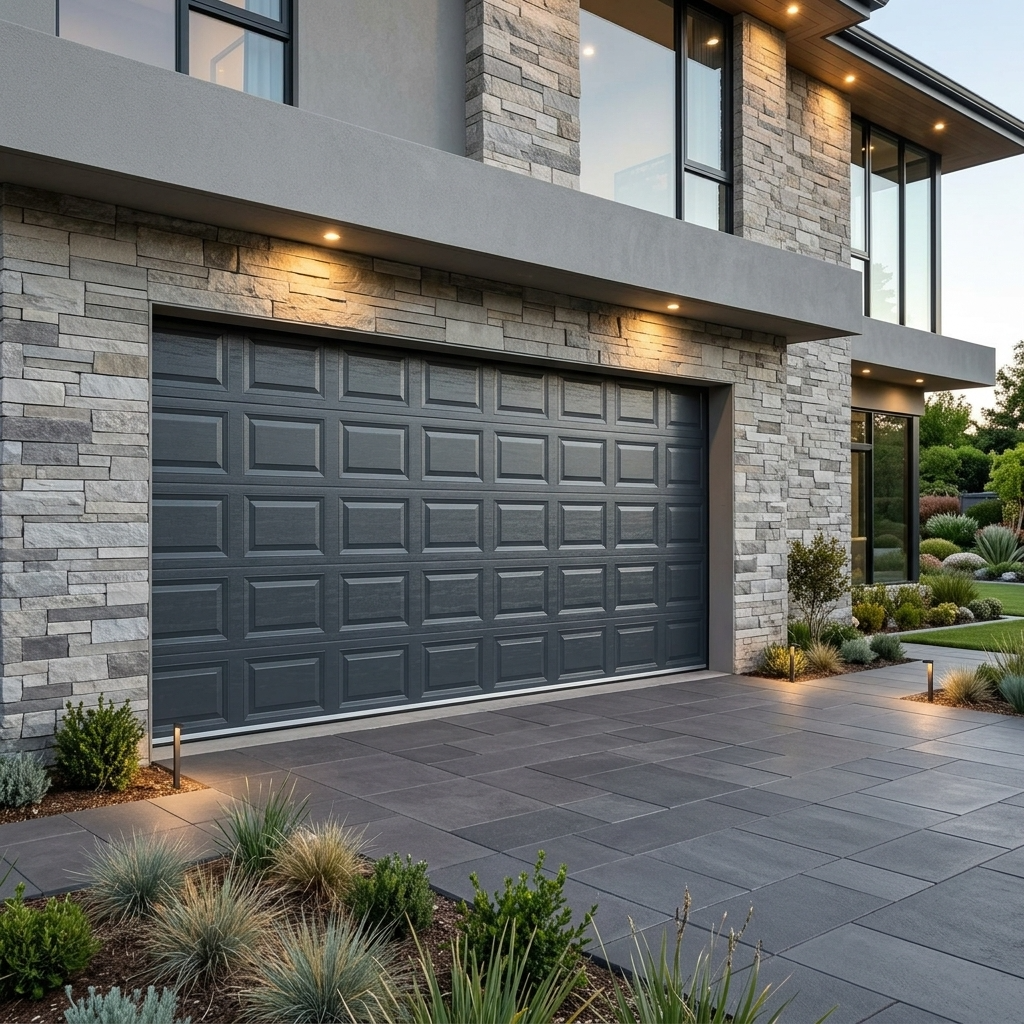 A modern dark gray garage door installed on a stone-clad house exterior, with a paved driveway and landscaped plants in the foreground.