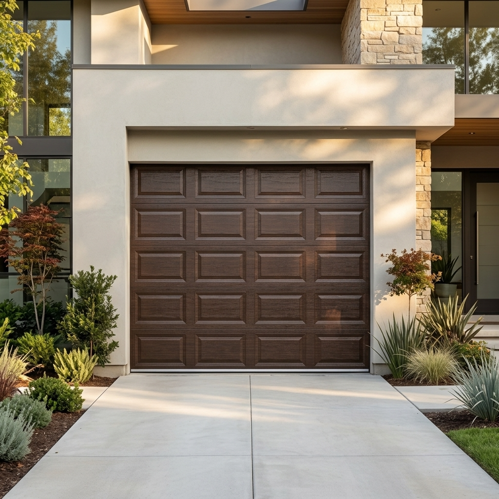 A modern brown garage door installed on a house facade, with a concrete driveway, landscaped plants, and a light-colored exterior wall.