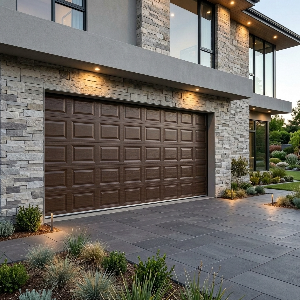 A modern dark brown garage door installed on a stone and concrete exterior of a house, with a paved driveway and landscaped plants in the foreground.