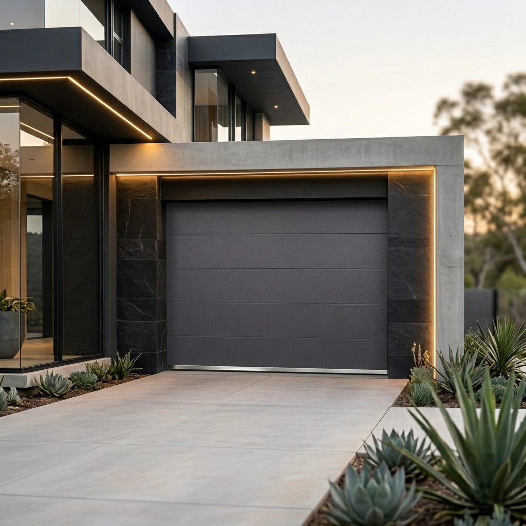 A modern dark charcoal garage door set within a contemporary concrete and stone house exterior, with warm LED lighting and landscaped plants in the foreground.