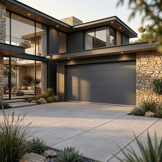 Modern two-story house exterior with a large dark gray garage door, stone walls, large glass windows, a concrete driveway, and landscaped plants in the foreground.