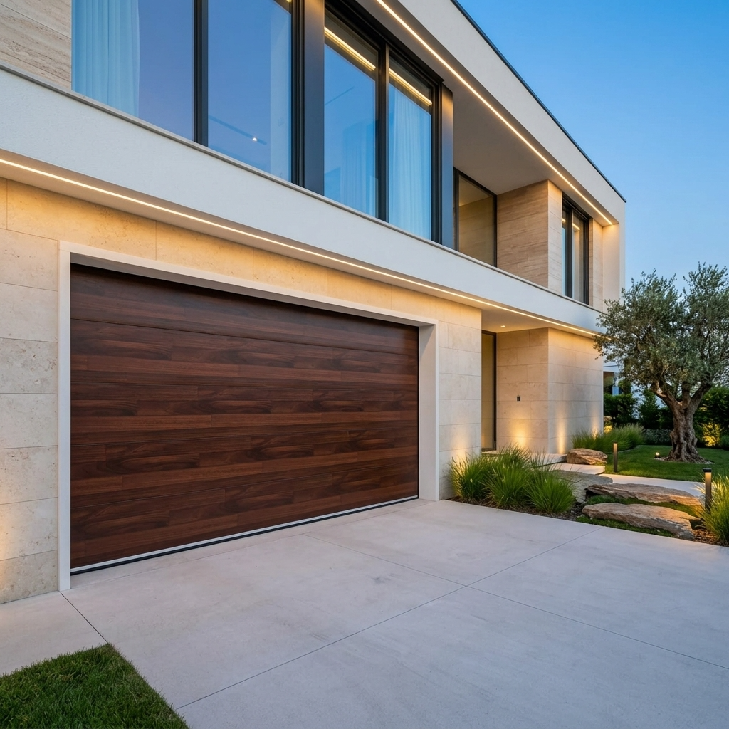 A modern wooden garage door installed on the ground floor of a contemporary house with beige stone walls, large windows, and a concrete driveway.