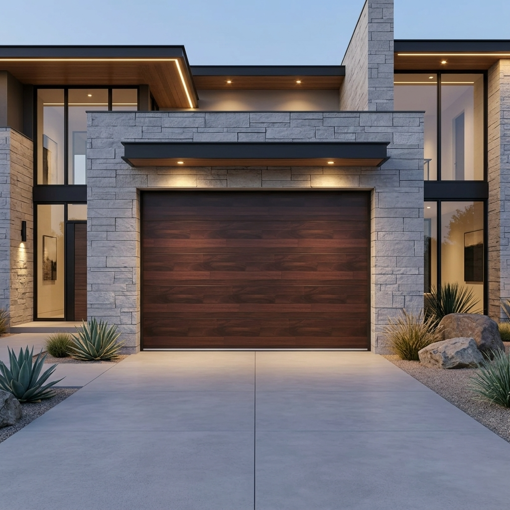 A modern single-car garage door with dark wood horizontal planks, set in a contemporary stone and glass house with a concrete driveway.