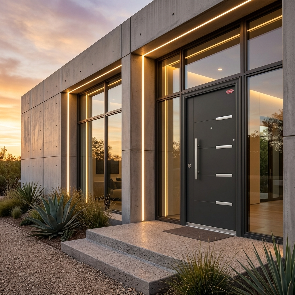 Modern dark gray front door with horizontal silver handles, set in a contemporary concrete and glass house at dusk with warm LED strip lighting and landscaped desert plants.