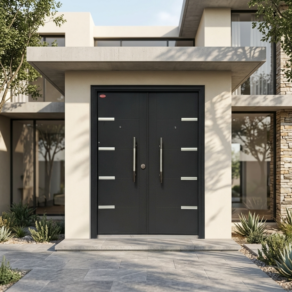 Modern double front door in matte black with silver horizontal accent bars and long vertical handles, set in a contemporary beige stucco house with landscaped stone and plant beds.