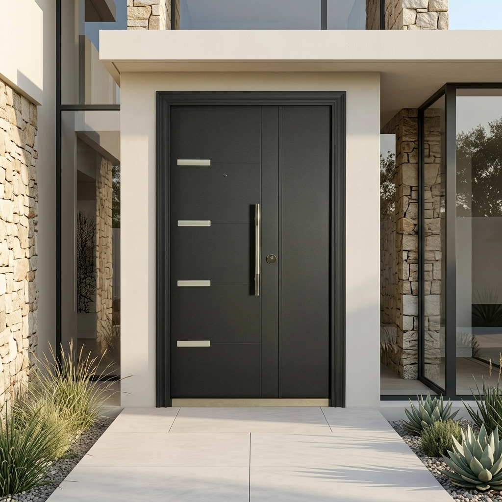 A modern double-entry front door in matte black with four horizontal silver bars on the left panel and a vertical handle, set in a contemporary house entryway with stone walls and a concrete walkway.