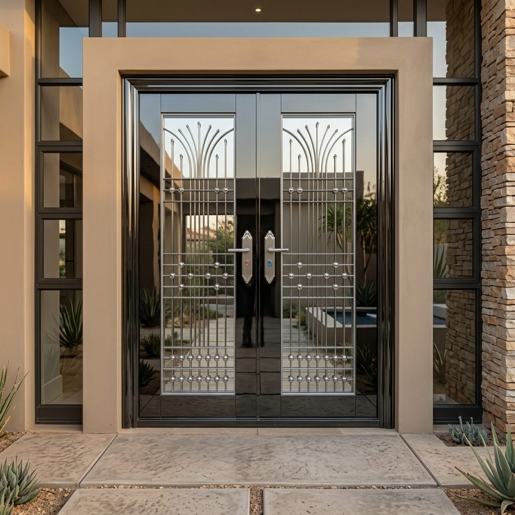 Modern double front doors with black metal frames and decorative silver security bars, installed on a house entryway with stone and glass walls.
