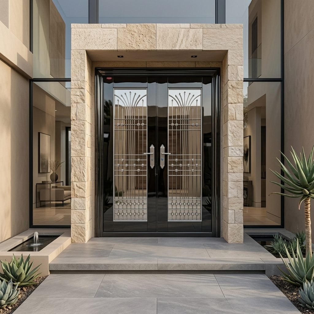 Modern double front doors with black frames and decorative white geometric patterns, set in a stone entryway with a paved walkway and landscaped plants.