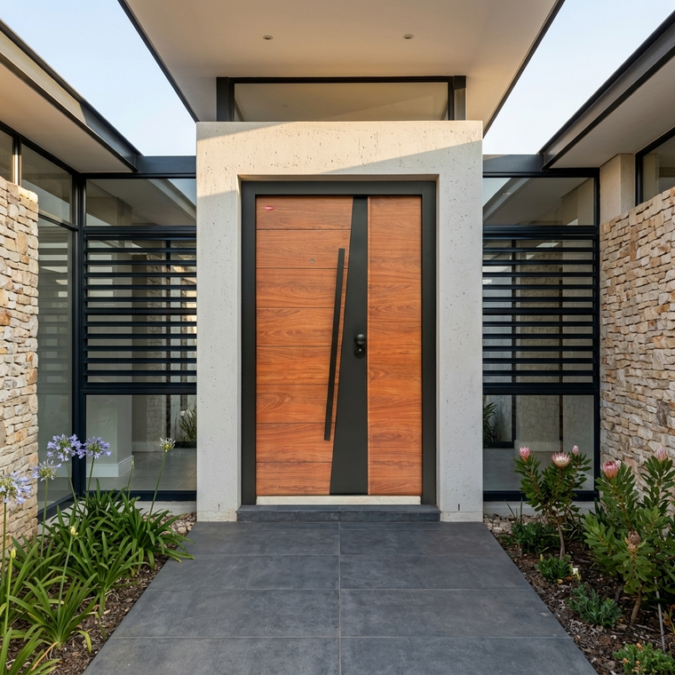 T-03 Wood/Black Steel Security Door- Modern Design | Premium Handle and Multi-Locking