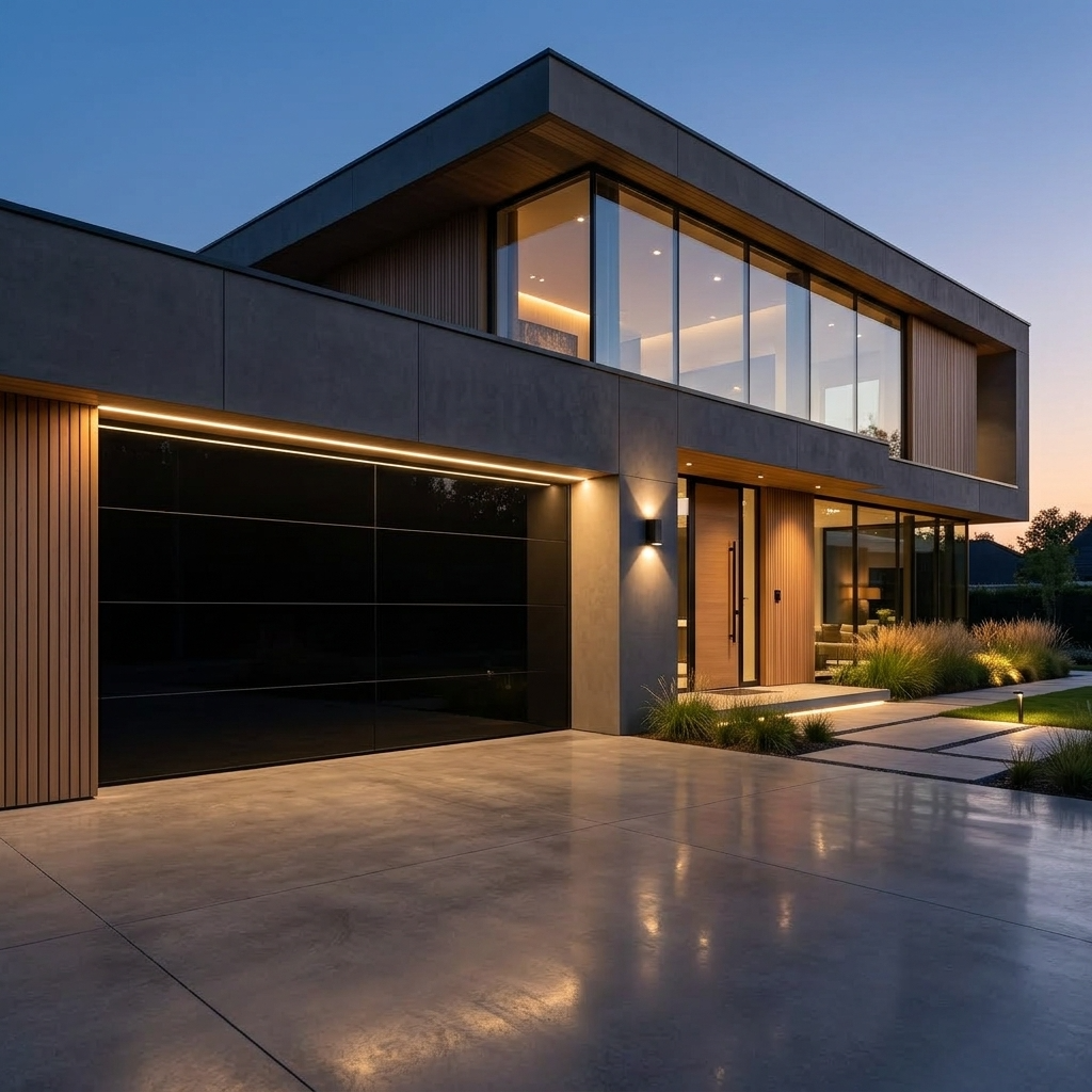 Modern two-story house exterior at dusk with a concrete driveway, black glass garage door, wood siding, large glass windows, and warm exterior lighting.