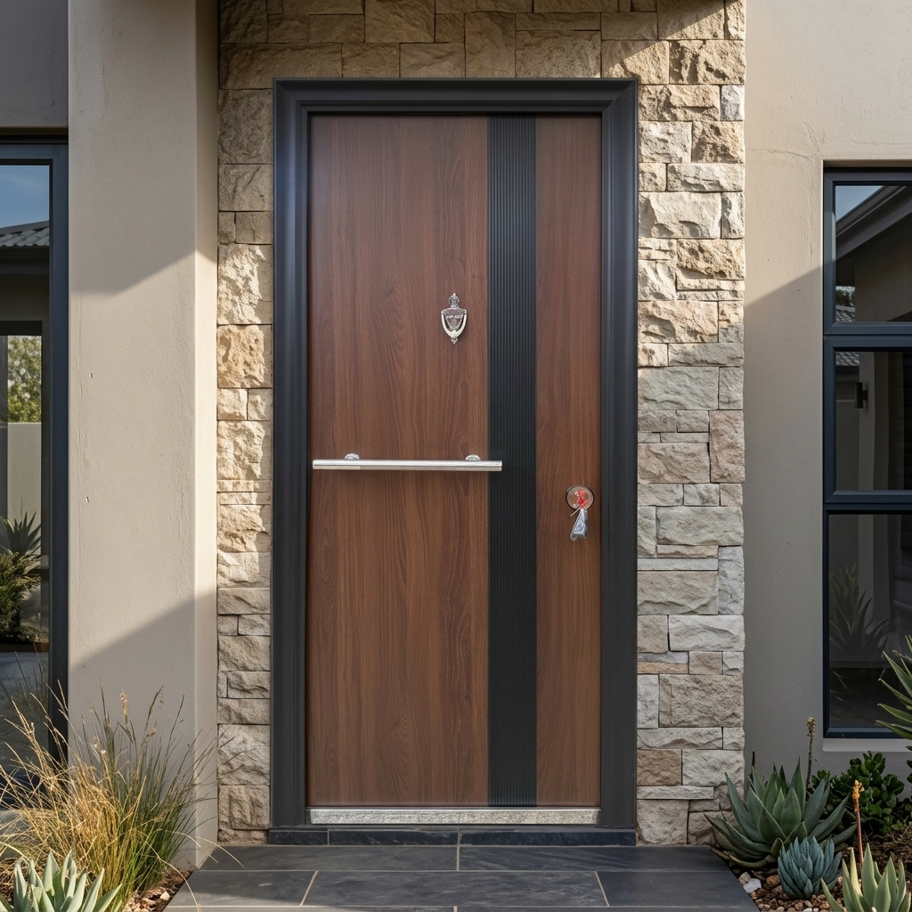 A modern front door with a brown woodgrain finish, a vertical black stripe, a silver horizontal bar handle, and a silver knocker, set in a stone and stucco entryway.