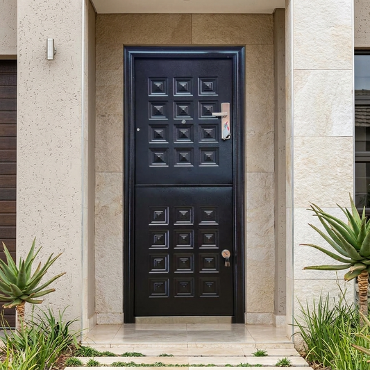 A black double front door with decorative recessed panels, set in a stone entryway with plants on both sides.