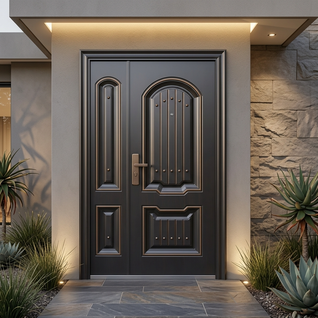 A modern dark charcoal gray double front door with ornate bronze-gold embossed paneling, set in a contemporary entryway with stone wall, plants, and warm overhead lighting.
