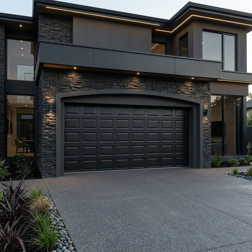 A modern black garage door installed on a contemporary house exterior with dark stone veneer, large windows, and a concrete driveway.